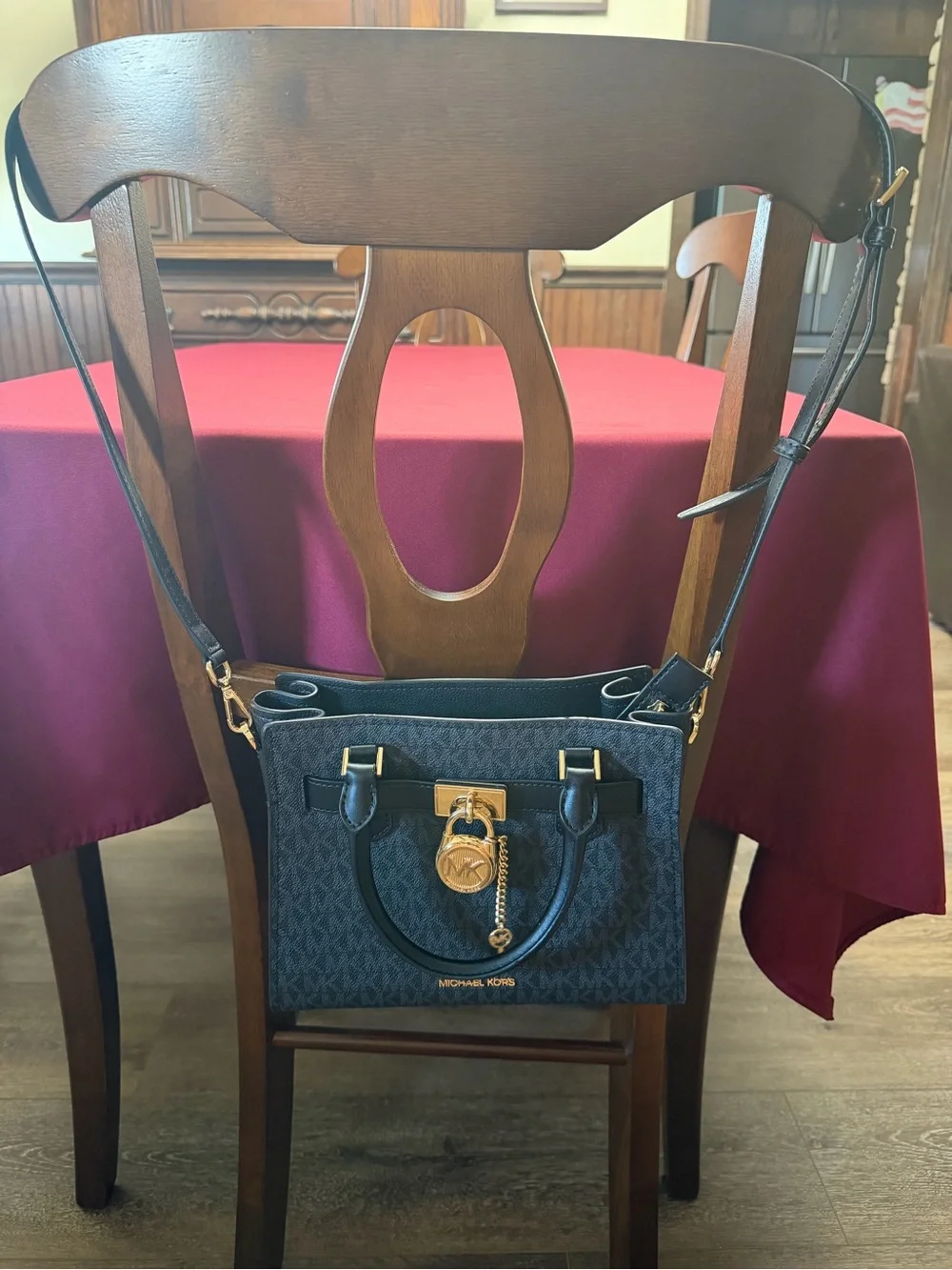Michael Kors Hamilton Small Black Monogram Satchel with Gold Hardware